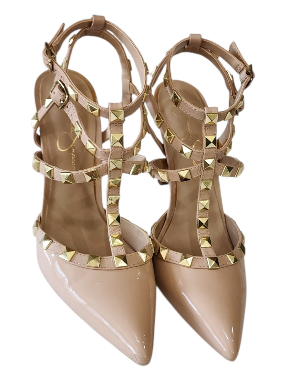 Jessica Simpson Nude Patent Studded Caged Strappy Pointed Toe Heels Size 7.5 - Picture 13 of 14